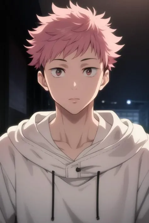 masterpiece, best quality, high quality, 1boy, solo, male focus, looking at viewer, upper body, <lora:itadori_yuuji:0.70>, itadori_yuuji, pink hair, undercut,