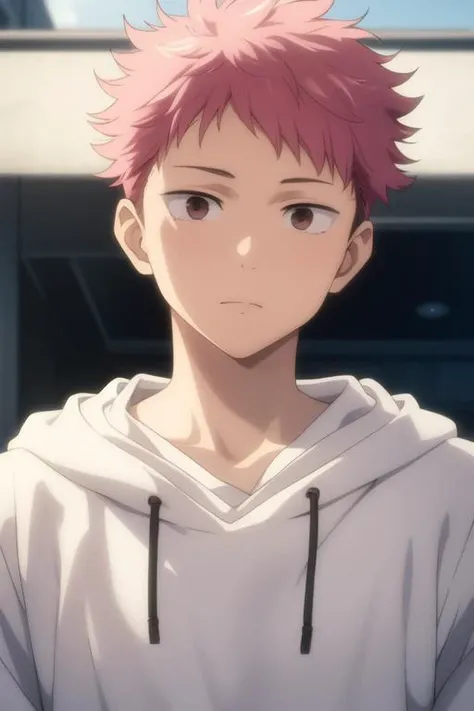 masterpiece, best quality, high quality, 1boy, solo, male focus, looking at viewer, upper body, <lora:itadori_yuuji:0.70>, itadori_yuuji, pink hair, undercut, <lora:animemix_v3_offset:0.25>