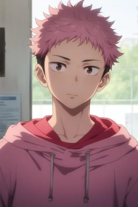 masterpiece, best quality, high quality, 1boy, solo, male focus, looking at viewer, upper body, <lora:itadori_yuuji:0.70>, itadori_yuuji, pink hair, undercut, <lora:animemix_v3_offset:0.25>