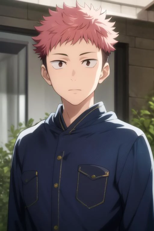 masterpiece, best quality, high quality, 1boy, solo, male focus, looking at viewer, upper body, <lora:itadori_yuuji:0.70>, itadori_yuuji, <lora:animemix_v3_offset:0.25>