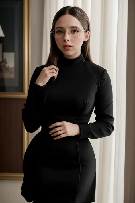 photo realistic, masterpiece, best quality, soft light, solo, EstherP <lora:EstherPovitskyV01:1>, solo, thick framed black gasses, <lora:polyhedron_skinny_all:.4>,, professional photo, , 1960s spy movie, long sleeve gogo dress , depth of field, slim frame