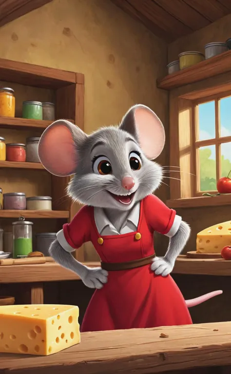 cartoon, line art painting, shaded, cute female mouse at work, indoor, fluffy cheeks, red dress, animation, cartoon network scene, village, cheese workshop, look at viewer, big smile, lean, extremely detailed, bold lines, flat colors,