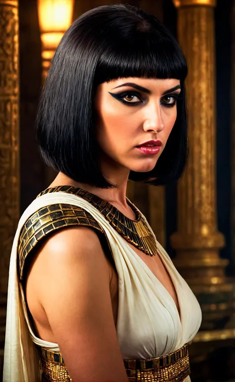 RAW photo, upper body face portrait, soft lighting, natural, epic realism, analog, natural reflections, HDR, realistic. Woman photo, Cleopatra, rich evening makeup, clear black hair, Bob hair, (white cotton dress:0.4), looking at viewer. angry talk. extremely detailed.