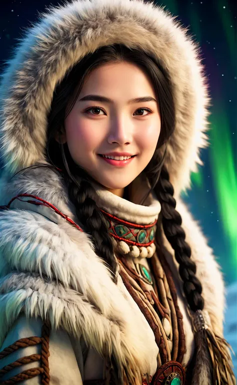 RAW photo of a Eskimo girl, smile,  Ancient Empress costume, Beautiful girl, sensual, Eiko Ishioka fashion style, fur cloth, winter native fashion style, northern lights background