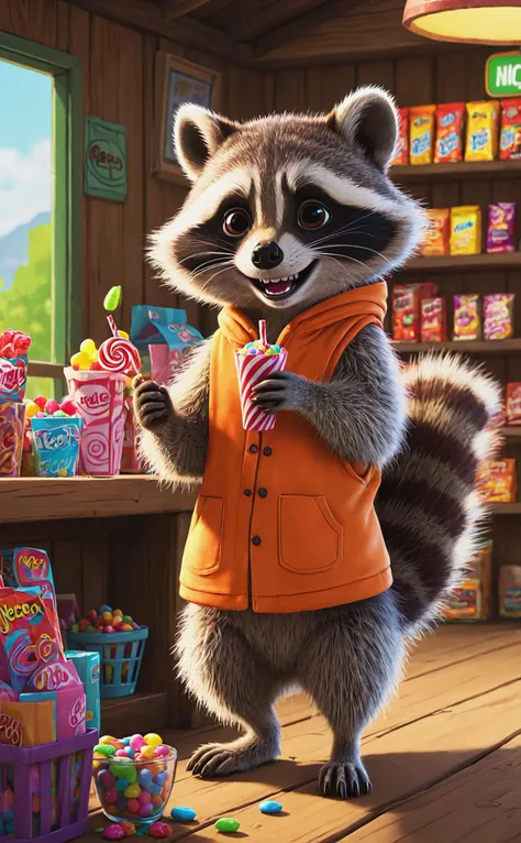 cartoon, line art painting, shaded, cute raccoon character, eating candy in candys shop, casual cloth, indoor, animation, cartoon network scene, village, looking at camera, big smile, lean, extremely detailed, bold lines, flat colors,