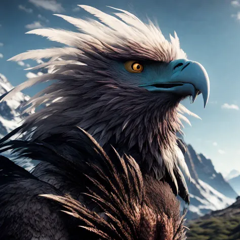 fking_scifi_v2, award winning portrait of a werecreature, close up, 80mm, f/1.8,
eagle headed woman wearing (feathered LnF dress:1.2),  
mountain background , <lora:LnF21:1>