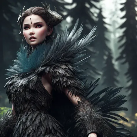 fking_scifi_v2, award winning portrait of a werecreature,
wearing (feathered LnF dress:1.2),
pine forest background , <lora:LnF21:1>