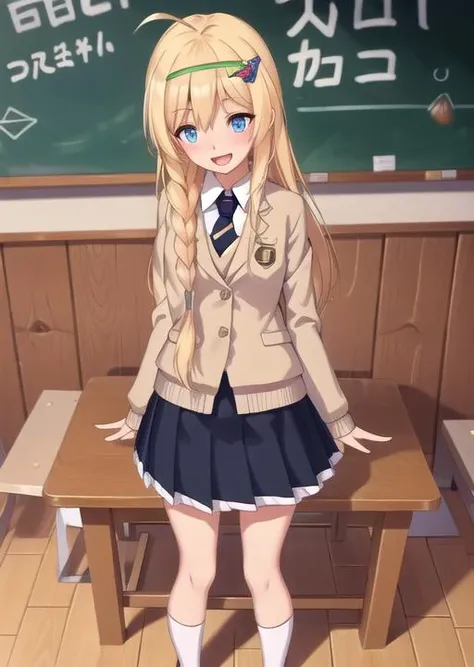((masterpiece,best quality)), 1girl, (:1.3), solo, long hair, very long hair, looking at viewer, small breasts, braid, ahoge, hairband, fruit, side braid, iris, hair ornament, <lora:iris_konosuba_v2:0.8>, 1girl, long hair, breasts, blush, looking at viewer, skirt, hair ornament, indoor, classroom, (blackboard with text "deep learning"), shirt, school uniform, long sleeves, very long hair, standing, full body, braid, ahoge, jacket, pleated skirt, necktie, shoes, white legwear, frills, white shirt, hairclip, uniform, miniskirt, socks, twin braids, white kneehighs, collared shirt, plaid, red neckwear, blue skirt, dress shirt, frown, plaid skirt, arms at side, blazer, brown footwear, loafers, :<, frilled skirt, angry, wing collar, breast hold, :d, smile, open mouth, side braid, iris, 12 years old, slim body