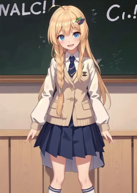 ((masterpiece,best quality)), 1girl, (:1.3), solo, long hair, very long hair, looking at viewer, small breasts, braid, ahoge, hairband, fruit, side braid, iris, hair ornament, <lora:iris_konosuba_v2:0.8>, 1girl, long hair, breasts, blush, looking at viewer, skirt, hair ornament, indoor, classroom, (blackboard with text "deep learning"), shirt, school uniform, long sleeves, very long hair, standing, full body, braid, ahoge, jacket, pleated skirt, necktie, shoes, white legwear, frills, white shirt, hairclip, uniform, miniskirt, socks, twin braids, white kneehighs, collared shirt, plaid, red neckwear, blue skirt, dress shirt, frown, plaid skirt, arms at side, blazer, brown footwear, loafers, :<, frilled skirt, angry, wing collar, breast hold, :d, smile, open mouth, side braid, iris, 12 years old