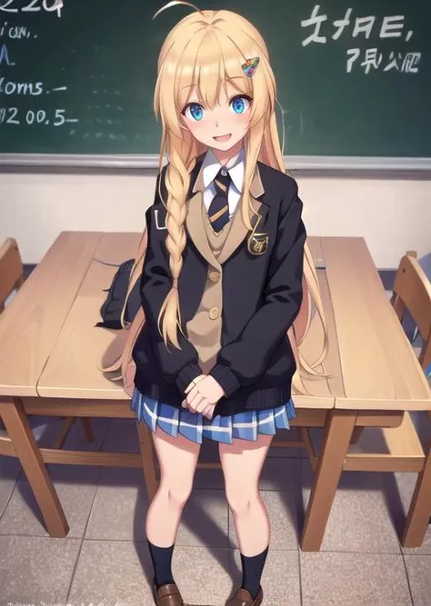 ((masterpiece,best quality)), 1girl, (:1.3), solo, long hair, very long hair, looking at viewer, small breasts, braid, ahoge, hairband, fruit, side braid, iris, hair ornament, <lora:iris_konosuba_v2:0.8>, 1girl, long hair, breasts, blush, looking at viewer, skirt, hair ornament, indoor, classroom, (blackboard with text "deep learning"), shirt, school uniform, long sleeves, very long hair, standing, full body, braid, ahoge, jacket, pleated skirt, necktie, shoes, white legwear, frills, white shirt, hairclip, uniform, miniskirt, socks, twin braids, white kneehighs, collared shirt, plaid, red neckwear, blue skirt, dress shirt, frown, plaid skirt, arms at side, blazer, brown footwear, loafers, :<, frilled skirt, angry, wing collar, breast hold, :d, smile, open mouth, side braid, iris