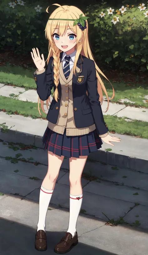((masterpiece,best quality)), 1girl, (:1.3), solo, long hair, very long hair, looking at viewer, small breasts, braid, ahoge, hairband, fruit, side braid, iris, hair ornament, <lora:iris_konosuba_v2:0.8>, 1girl, long hair, breasts, blush, looking at viewer, skirt, hair ornament, outdoor, street, shirt, school uniform, long sleeves, very long hair, standing, full body, braid, ahoge, jacket, pleated skirt, necktie, shoes, (white kneehighs, white legwear), frills, white shirt, hairclip, uniform, miniskirt, socks, twin braids, collared shirt, plaid, red neckwear, blue skirt, dress shirt, frown, plaid skirt, blazer, brown footwear, loafers, frilled skirt, wing collar, breast hold, :d, smile, open mouth, side braid, iris, waving at viewer