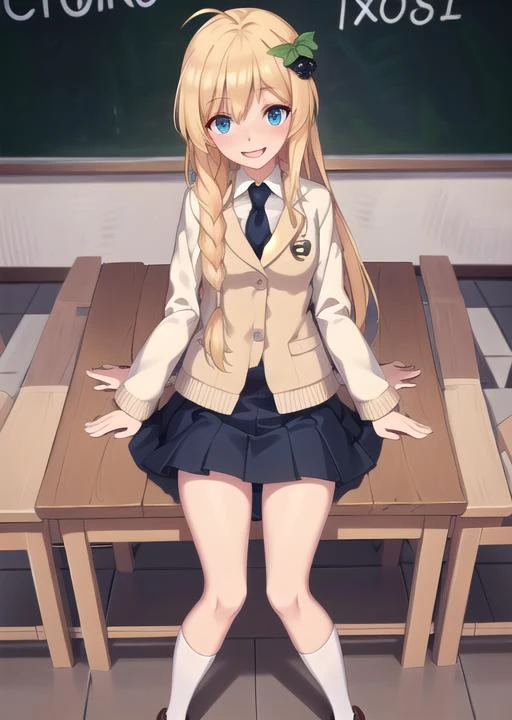 ((masterpiece,best quality)), 1girl, (:1.3), solo, long hair, very long hair, looking at viewer, small breasts, braid, ahoge, hairband, fruit, side braid, iris, hair ornament, <lora:iris_konosuba_v2:0.8>, 1girl, long hair, breasts, blush, looking at viewer, skirt, hair ornament, indoor, classroom, (blackboard with text "deep learning"), shirt, school uniform, long sleeves, very long hair, standing, full body, braid, ahoge, jacket, pleated skirt, necktie, shoes, white legwear, frills, white shirt, hairclip, uniform, miniskirt, socks, twin braids, white kneehighs, collared shirt, plaid, red neckwear, blue skirt, dress shirt, frown, plaid skirt, arms at side, blazer, brown footwear, loafers, :<, frilled skirt, angry, wing collar, breast hold, :d, smile, open mouth, side braid, iris