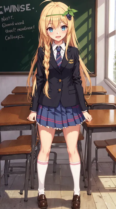 ((masterpiece,best quality)), 1girl, (:1.3), solo, long hair, very long hair, looking at viewer, small breasts, braid, ahoge, hairband, fruit, side braid, iris, hair ornament, <lora:iris_konosuba_v2:0.8>, 1girl, long hair, breasts, blush, looking at viewer, skirt, hair ornament, indoor, classroom, (blackboard with text "deep learning"), shirt, school uniform, long sleeves, very long hair, standing, full body, braid, ahoge, jacket, pleated skirt, necktie, shoes, white legwear, frills, white shirt, hairclip, uniform, miniskirt, socks, twin braids, white kneehighs, collared shirt, plaid, red neckwear, blue skirt, dress shirt, frown, plaid skirt, arms at side, blazer, brown footwear, loafers, :<, frilled skirt, angry, wing collar, breast hold, :d, smile, open mouth, side braid, iris