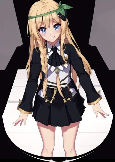 <lora:iris_konosuba_v2:1>, formal uniform, blonde hair, smile, iris, hair ornament, long hair, iris, black uniform, blue eyes