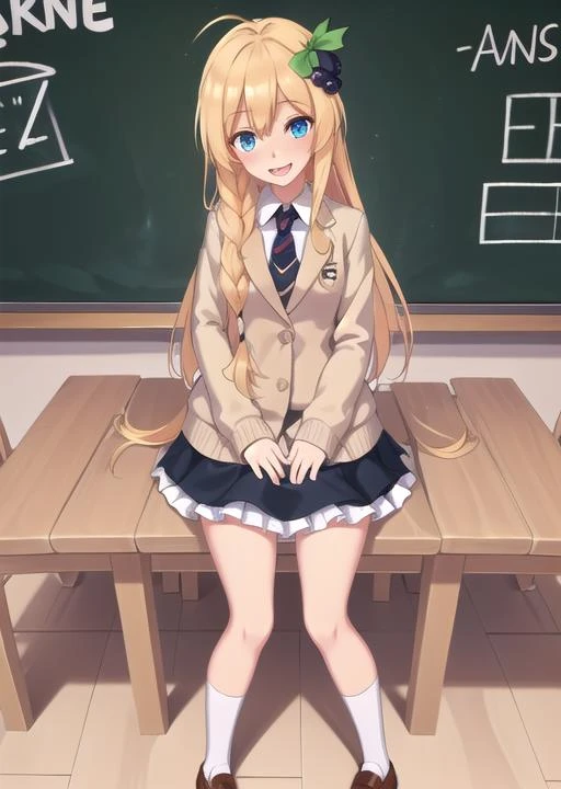 ((masterpiece,best quality)), 1girl, (:1.3), solo, long hair, very long hair, looking at viewer, small breasts, braid, ahoge, hairband, fruit, side braid, iris, hair ornament, <lora:iris_konosuba_v2:0.8>, 1girl, long hair, breasts, blush, looking at viewer, skirt, hair ornament, indoor, classroom, (blackboard with text "deep learning"), shirt, school uniform, long sleeves, very long hair, standing, full body, braid, ahoge, jacket, pleated skirt, necktie, shoes, white legwear, frills, white shirt, hairclip, uniform, miniskirt, socks, twin braids, white kneehighs, collared shirt, plaid, red neckwear, blue skirt, dress shirt, frown, plaid skirt, arms at side, blazer, brown footwear, loafers, :<, frilled skirt, angry, wing collar, breast hold, :d, smile, open mouth, side braid, iris, 12 years old