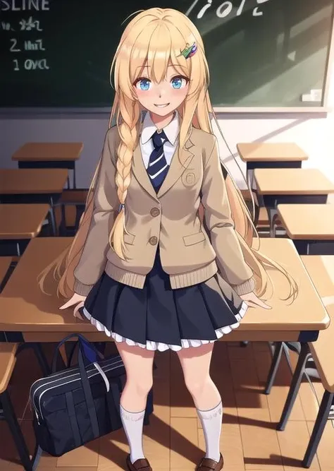 ((masterpiece,best quality)), 1girl, (:1.3), solo, long hair, very long hair, looking at viewer, small breasts, braid, ahoge, hairband, fruit, side braid, iris, hair ornament, <lora:iris_konosuba_v2:0.8>, 1girl, long hair, breasts, blush, looking at viewer, skirt, hair ornament, indoor, classroom, (blackboard with text "deep learning"), shirt, school uniform, long sleeves, very long hair, standing, full body, braid, ahoge, jacket, pleated skirt, necktie, shoes, white legwear, frills, white shirt, hairclip, uniform, miniskirt, socks, twin braids, white kneehighs, collared shirt, plaid, red neckwear, blue skirt, dress shirt, frown, plaid skirt, arms at side, blazer, brown footwear, loafers, :<, frilled skirt, angry, wing collar, breast hold, :d, smile, open mouth, side braid, iris, 12 years old