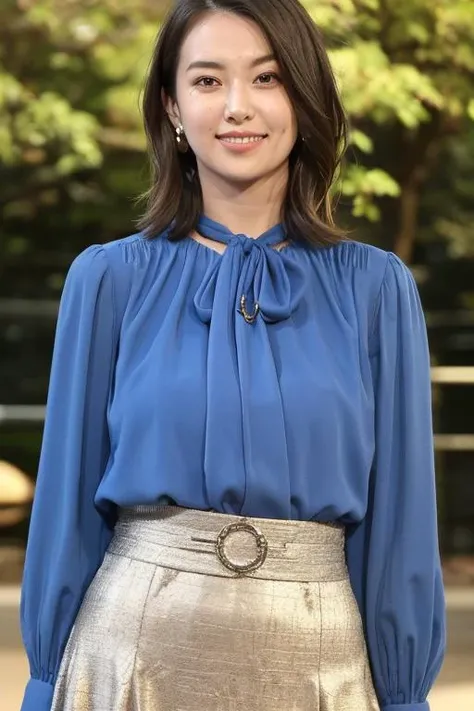 1girl,(wearing a blouse and long skirt:1.2),(RAW photo, best quality), (realistic, photo-realistic:1.4), masterpiece, an extremely delicate and beautiful, extremely detailed, 2k wallpaper, Amazing, finely detail, extremely detailed CG unity 8k wallpaper, ultra-detailed, highres, soft light, beautiful detailed girl, extremely detailed eyes and face, beautiful detailed nose, beautiful detailed eyes,cinematic lighting,autumn scenery,park,outdoor,perfect anatomy,slender body,smiling <lora:okudamayuko_lora:0.8>