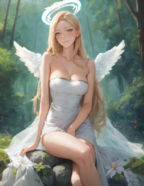 score_9, score_8_up, score_7_up,  1girl angel with 2 large angel wings and a halo, perfect curves, wearing a white dress, strapless, suggestive pose, romantic, solo, detailed eyes, looking at viewer, sitting on a rock, forest, nature, forest meadow, beautiful, looking at viewer, embarrassed, medium breasts, fantasy, from front, looking at viewer playfully, naughty, smirk, romantic, (blonde hair, mid parted hair, straight hair, long hair:1.2), pronounced blush, beautiful green eyes