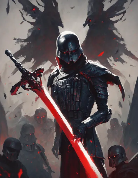 score_9, score_8_up, score_7_up,  male, dark knight, bulky, heavy, winged helmet, sith, star wars, dark theme, armor, red sword, red orbs background  