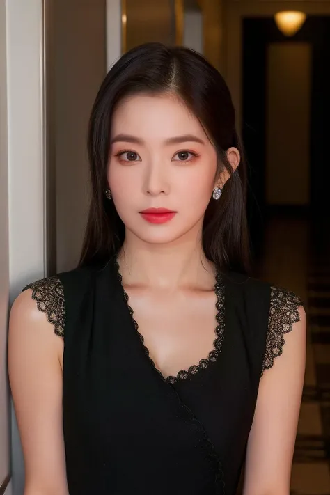 irene1,1girl, solo, (realistic),(hyperrealism),(best quality),(masterpiece),(ultra high res),(photorealistic),(film grain),(upper body),eye makeup,detailed eyes,detailed face,black dress, posing for a photo, at the hallway <lora:ireneX:1>