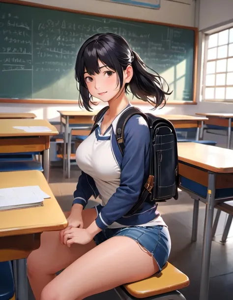 8k, masterpiece, high resolution, best quality, (solo women with huge breast, looking at viewer), sitting, legs spread, (light smile:0.8), black hair, detailed background, dynamic lighting, carrying randoseru backpack, classroom, blackboard, flat anime style
<lora:RandoseruXLv10:1>