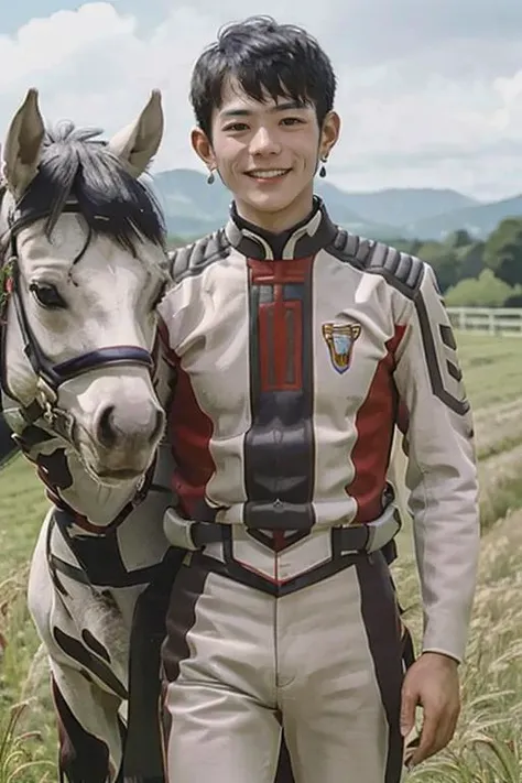 1man,short hair,earrings,smile,guts uniform,looking at viewer,leading a horse,grassland,depth of field,outdoors,<lora:GUTS_uniform:0.9>,photography,best quality,masterpiece,<lora:DingZhenLora:0.5>,