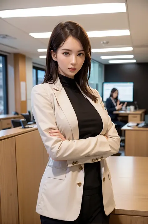 1girl,solo, parted lips,  office lady, business suit ,
river,mountain, hand on arm , looking at viewer,      
  <lora:JinChen2:0.6>