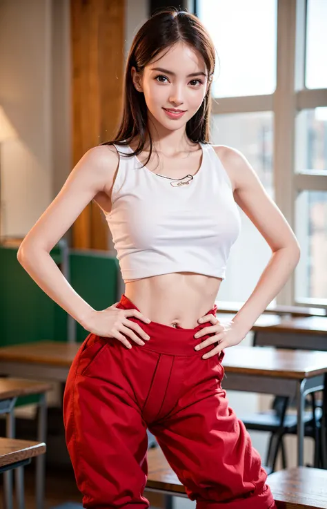1girl,solo, light smile,
( crop top),(yoga pants,cameltoe ),
classroom, hands on hips , looking at viewer, realistic,
<lora:JinChen2:0.6>