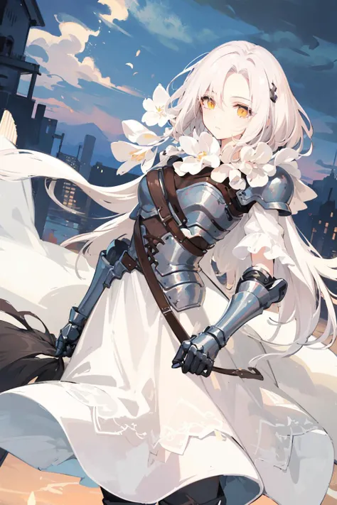 armorAUG,1GIRL,messy white hair with long locks,mythology,outdoors,orange clouds, dim lighting, wasteland, night, midnight,