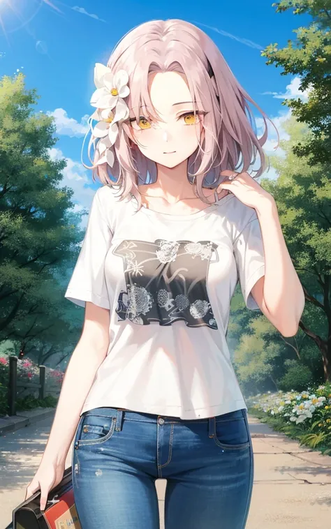 1girl,origentou,cowboyshot,jeans,t-shirt,headband,flower