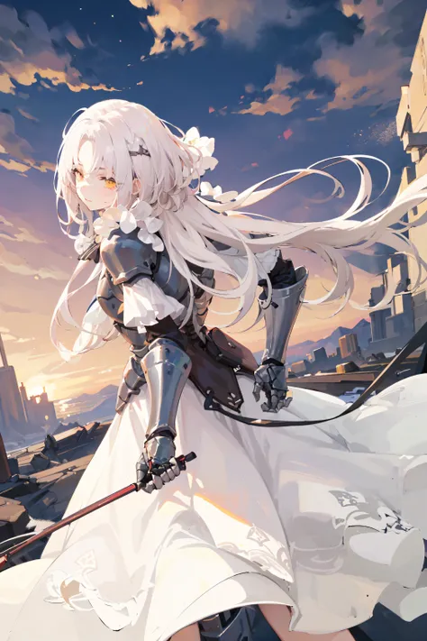 armorAUG,1GIRL,messy white hair with long locks,mythology,outdoors,orange clouds, dim lighting, wasteland, night, midnight,
