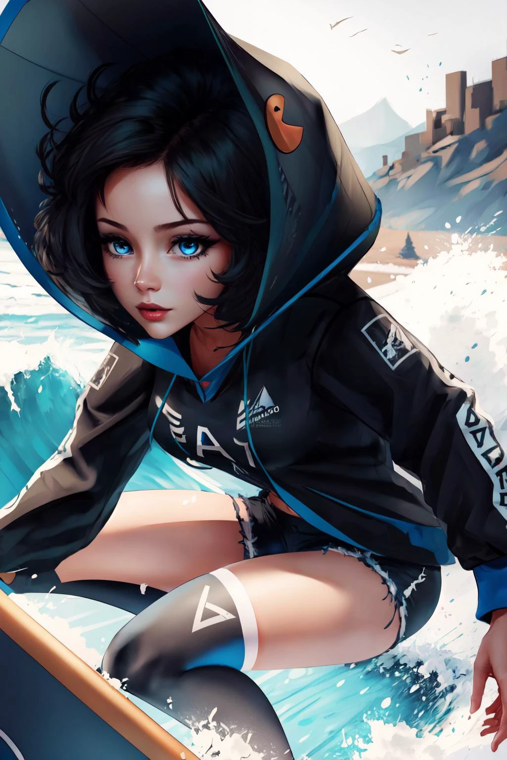 Highly detailed, High Quality, Masterpiece, beautiful, sharp focus, shiny skin, best quality, perfect anatomy:1.4, high detailed, 8k, highres, lineart, sketch, (masterpiece:1.4), (highest quality:1.4), (sharp focus:1.2), (colored:1.3), (digital painting:1.1), 8k wallpaper, (tight gap:1.2), arch linux-chan, black hair, blue eyes, hood up, black jacket, hooded jacket, black shorts, thighhighs, <lora:Char_Meme_ArchLinuxchan:0.9>, surfing, waves, <lora:Pos_Surfing:0.8>