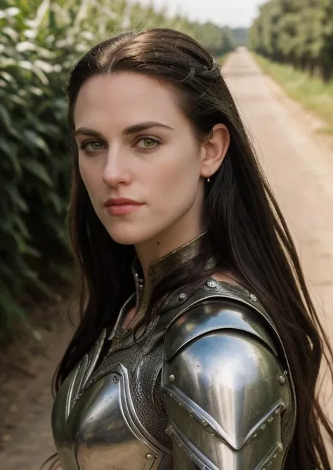 A professional photograph, portrait of action hero KatieMcGrathTIDoli, a beautiful woman wearing a knightly armor, she's an elven paladin on her way to Rivendel, ornate elven armor, silver colored plate with gilded details, ancient medieval warrior woman, black hair, stunningly beautiful, athletic body, she's <lora:KMG:0.7>, she's posing sideways, like it's instagram, posing in a road in the green fields on a sunny day, action film shot, award winning shot, cinematographic lighting. Action scene, masterpiece, 4k, 8k. absurdres