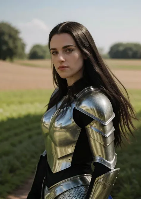 A professional photograph, portrait of action hero, she's <lora:KMG:1>, beautiful elven woman wearing a knightly armor, Katie's an elven paladin on her way to Rivendel, ornate elven armor, silver colored plate with gilded details, ancient elven-warrior woman, black hair, stunningly beautiful, athletic body, she's posing like it's instagram, posing in a road in the green fields on a sunny day, action film shot, award winning shot, cinematographic lighting. Action scene, masterpiece, 4k, 8k. absurdres