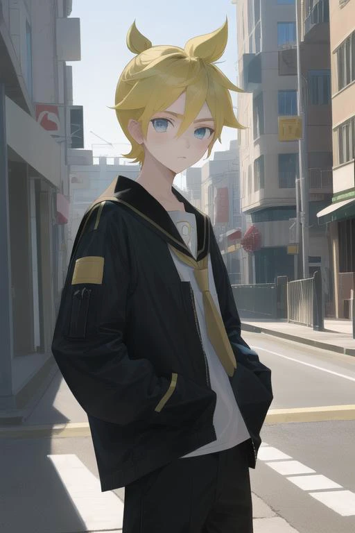 masterpiece, best best quality, Kagamine_Len, yellow hair,1boy,
street,
sailor collar, serafuku,
hand in pocket,