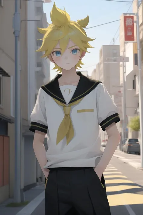 masterpiece, best best quality, Kagamine_Len, yellow hair,1boy, 
street, 
sailor collar, serafuku, 
hand in pocket,