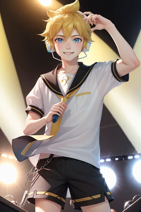 (masterpiece, best quality:1.2), <lyco:vocaloid_kagaminelen-08:1.0>, cowboy shot, solo, male focus, 1boy, kagamine len, smile, looking at viewer, headphones, white shirt, sailor collar, necktie, short sleeves, shorts, concert, spotlight
