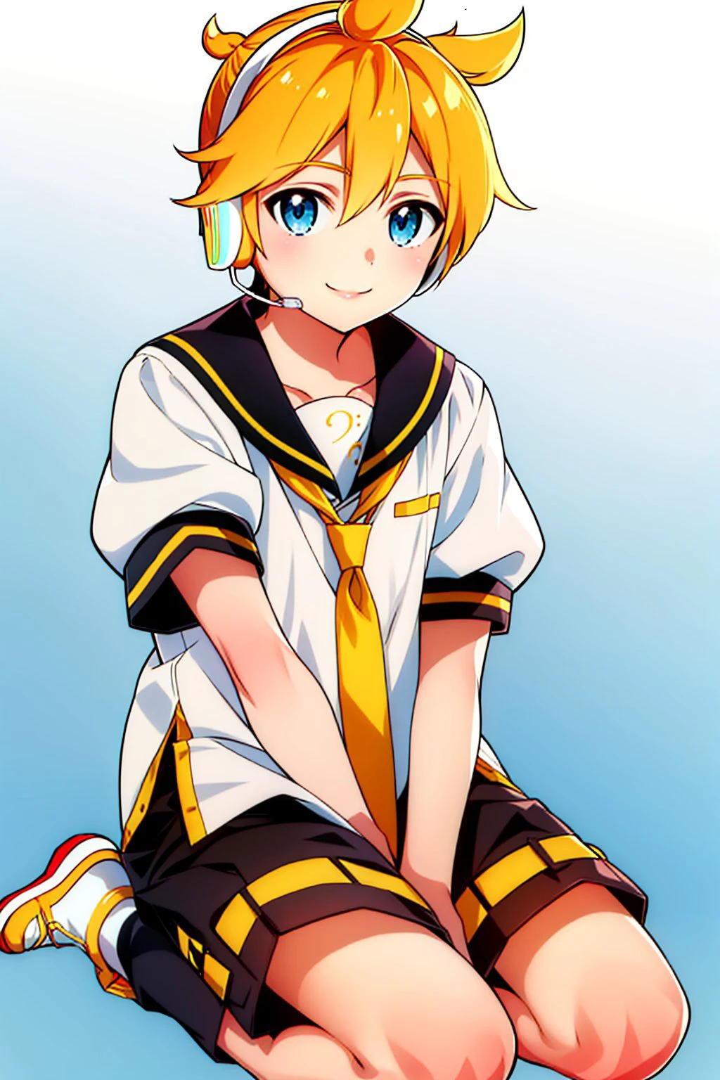 (masterpiece, best quality:1.2), <lyco:vocaloid_kagaminelen-08:1.0>, solo, male focus, 1boy, kagamine len, smile, looking at viewer, seiza, headphones, white shirt, sailor collar, necktie, short sleeves, shorts