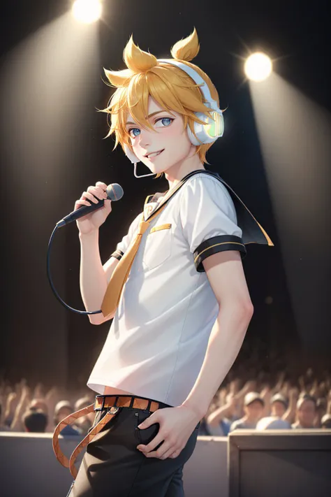 (masterpiece, best quality:1.2), <lyco:vocaloid_kagaminelen-08:1.0>, cowboy shot, solo, male focus, 1boy, kagamine len, smile, looking at viewer, headphones, white shirt, sailor collar, necktie, short sleeves, shorts, concert, spotlight