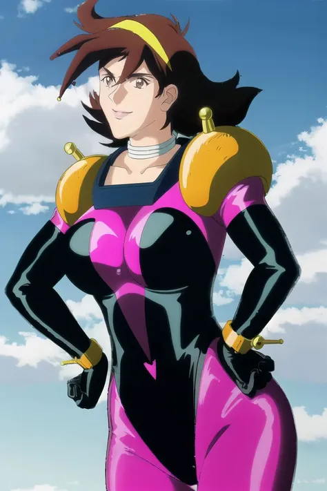 high resolution, masterpiece, high quality, perfect face, huge breasts,  <lora:RainMikamuraSuit:.9>, Rain Mikamura, black and pink latex bodysuit, shoulder armor with antenna, brown hair, yellow headband, hands on hips, seductive smile