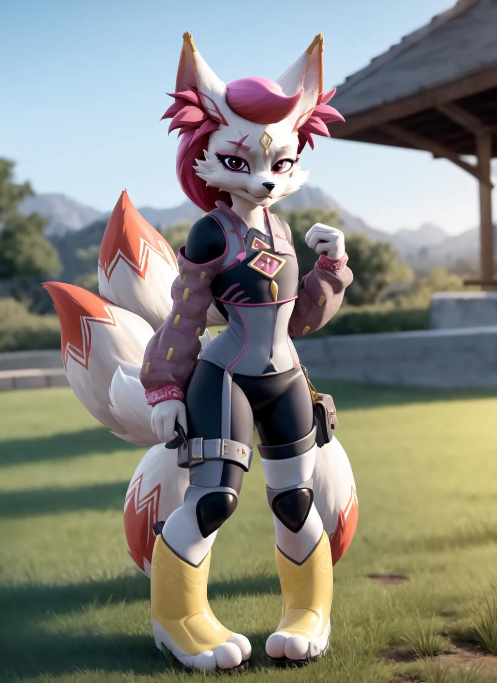 kimiko, furry female anthro, fox girl, portrait, bodysuit, feet, multiple tails, multi tail, solo, body fur, (best quality), detailed nature background, urban, cinematic lighting, looking at viewer, <lora:kimiko-v1B:1.0>