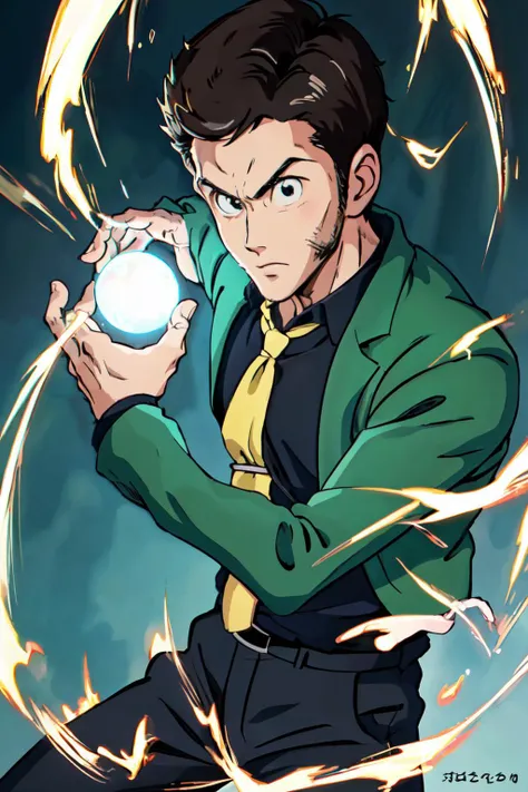 (best quality, masterpiece, RAW photo,ultra-detailed:1.2), <lyco:GoodHands-beta2:1.0>,1boy,solo,looking at viewer,
<lyco:kamehameha-10:0.6>kamehameha, energy ball, aura, charging <lyco:Lupin:0.9>
Lupin, green jacket, yellow tie, black shirt, black hair, black eyes,