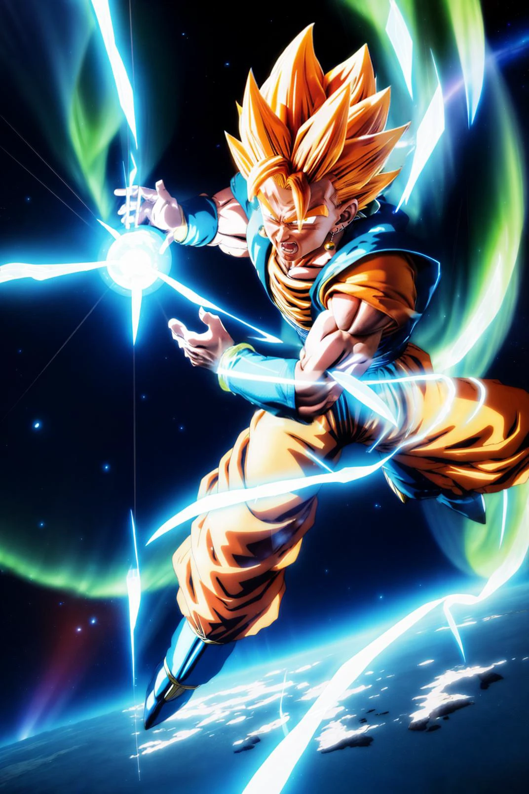 <lora:Fly-10:0.5> fly, 1boy, floating, solo, outer space, ((planet)), aurora on planet, sunlight, <lora:kamehameha-10:1>, energy ball, electricity, kamehameha, <lora:vegettoDragonBallZ_v10:0.75> vegetto, blonde spiked hair, jewelry, earrings, gold hair, blue and orange dougi, (realistic), white glove, <lora:noline:0.7>