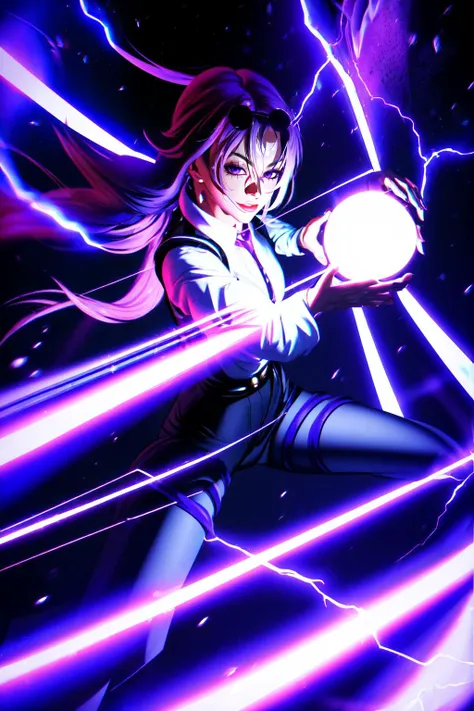 Highly detailed, High Quality, Masterpiece, beautiful, Kafka, purple eyes, <lora:Kafka:0.95>, Kamehameha, looking at viewer, charging, (energy ball), electricity, (night scene), <lora:Pos_Kamehameha:0.8>