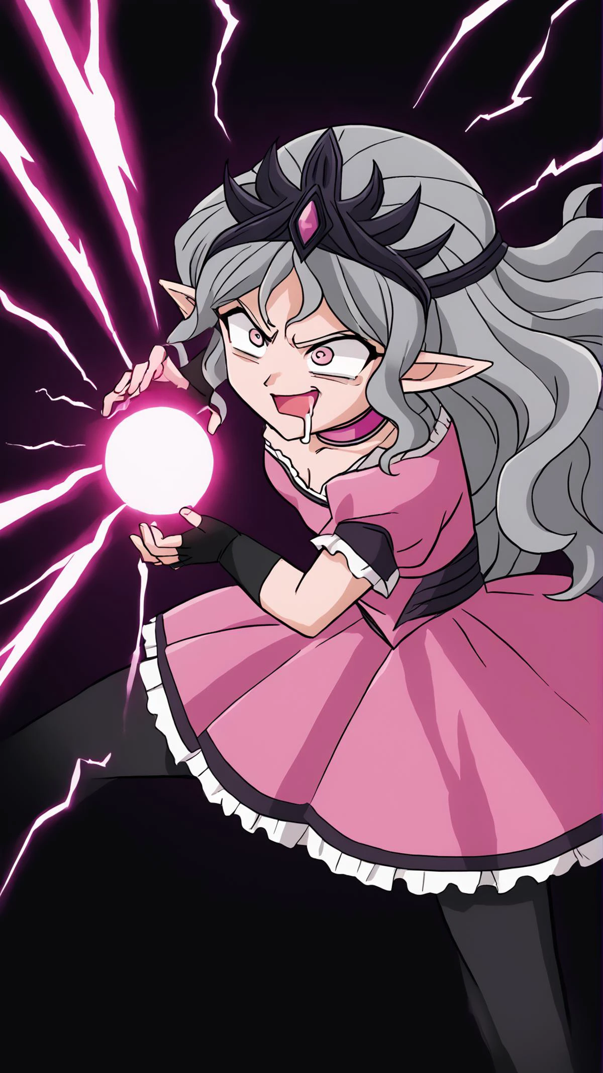 <lora:XL_Slaneesh:0.8> SlaneeshXL, grey hair, wavy hair, tiara, pink dress, pink choker, black fingerless gloves, black tighhighs, pointy ears, <lora:kamehameha charge stance:0.8> charge stance, kamehameha charge stance, energy ball, aura, electricity, drooling, naughty face, hungry, wide open eyes,, score 9, score 8 up, score 7 up, score 6 up, score 5 up, score 4 up,