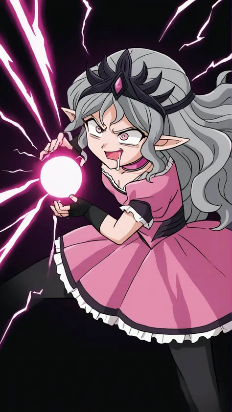 <lora:XL_Slaneesh:0.8> SlaneeshXL, grey hair, wavy hair, tiara, pink dress, pink choker, black fingerless gloves, black tighhighs, pointy ears, <lora:kamehameha charge stance:0.8> charge stance, kamehameha charge stance, energy ball, aura, electricity, drooling, naughty face, hungry, wide open eyes,, score 9, score 8 up, score 7 up, score 6 up, score 5 up, score 4 up,