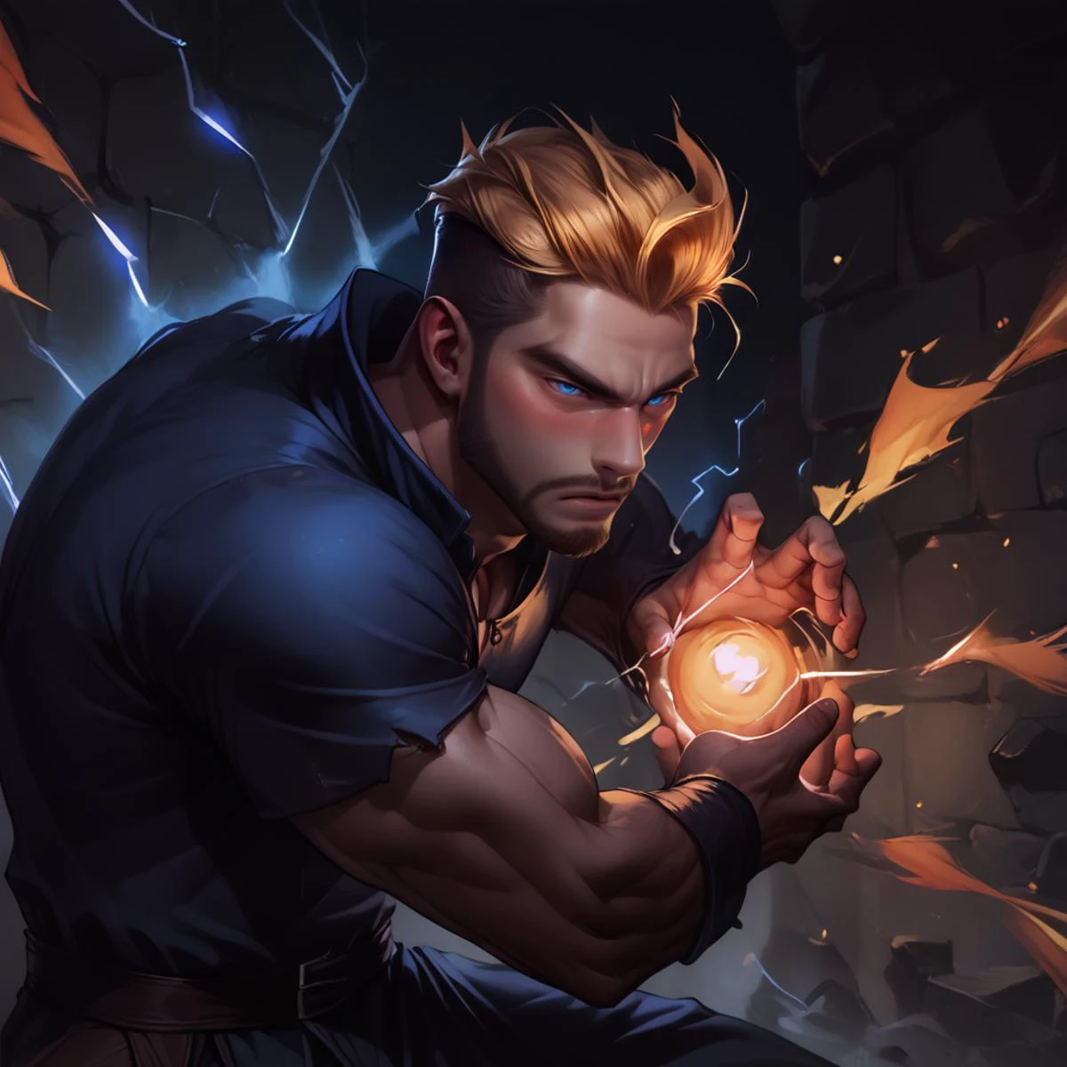 score_9, score_8_up, realistic, rating_questionable, bif,
<lora:kamehameha charge stance:1>, CHARGE STANCE, KAMEHAMEHA CHARGE STANCE, ENERGY BALL, AURA, ELECTRICITY,
, male in the dungeon, dark dungeon, darkness, a background of dark dungeon, annoyed face, handsome, hair slicked back, black undercut, short hair, beard, stubble, golden hair, bara, mature, blue eyes,
<lora:slider_StS_detail_slider_v1:3><lora:egg_warren-04:.7><lora:style_Concept Art DarkSide Style LoRA_Pony XL v6:1>