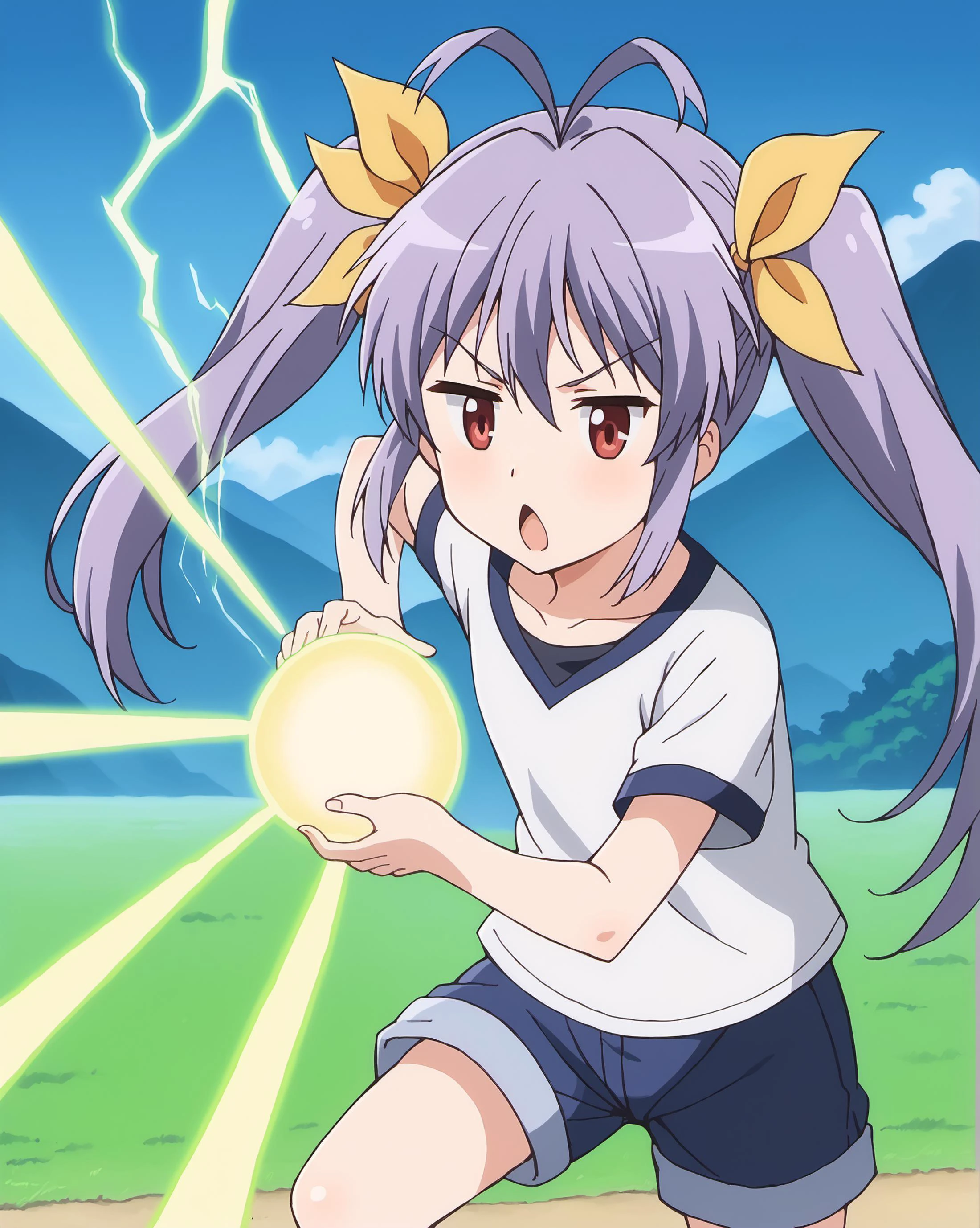 score_9, score_6_up, score_5_up, score_4_up, source_anime, masterpiece, best quality, hires,2D,glossy skin,
<lora:kamehameha charge stance:0.9> charge stance, kamehameha charge stance, energy ball, aura, electricity, open mouth, emphasis_lines,
1girl,solo,rengemiyauchi, <lora:renge-miyauchi-s3-ponyxl-lora-nochekaiser:0.8>,
renge miyauchi, long hair, red eyes, ribbon, twintails, hair ribbon, purple hair,collarbone, antenna hair,short sleeves,blue_shorts,shirt,rice field,mountain,