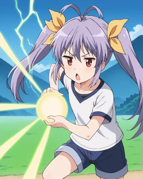 score_9, score_6_up, score_5_up, score_4_up, source_anime, masterpiece, best quality, hires,2D,glossy skin,
<lora:kamehameha charge stance:0.9> charge stance, kamehameha charge stance, energy ball, aura, electricity, open mouth, emphasis_lines,
1girl,solo,rengemiyauchi, <lora:renge-miyauchi-s3-ponyxl-lora-nochekaiser:0.8>,
renge miyauchi, long hair, red eyes, ribbon, twintails, hair ribbon, purple hair,collarbone, antenna hair,short sleeves,blue_shorts,shirt,rice field,mountain,