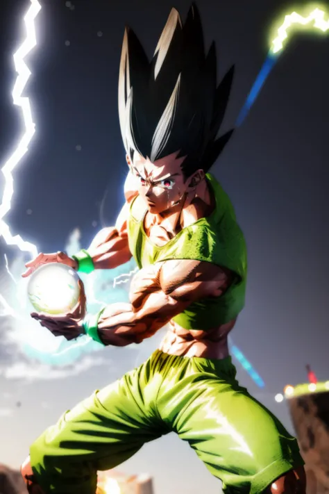 <lora:小杰GONV1:0.8> Gon, Adult, long black hair, ((crying)), <lora:Kamehameha_V1-10:1> kamehameha, charging, (white tank top), navel, green shorts, look at viewer, energy ball, electricity, aura,
